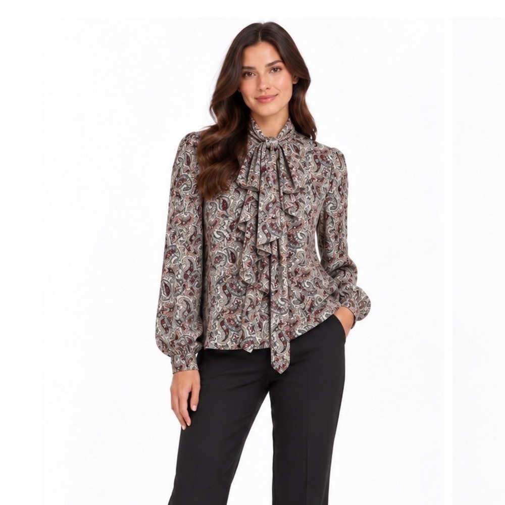 Zara Paisley Print Tie Neck Ruffle Blouse Long Sleeve Tan Red L 119-38